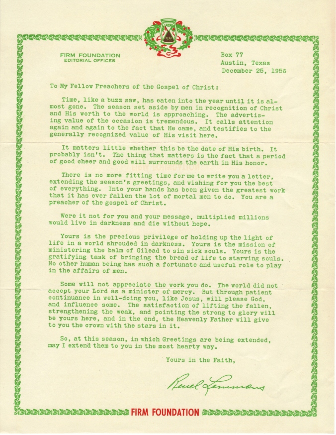 Reuel Lemmons, Firm Foundation Christmas letter 1956