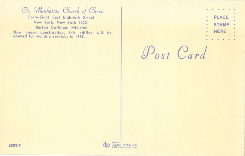Manhattan Church of Christ, postcard reverse